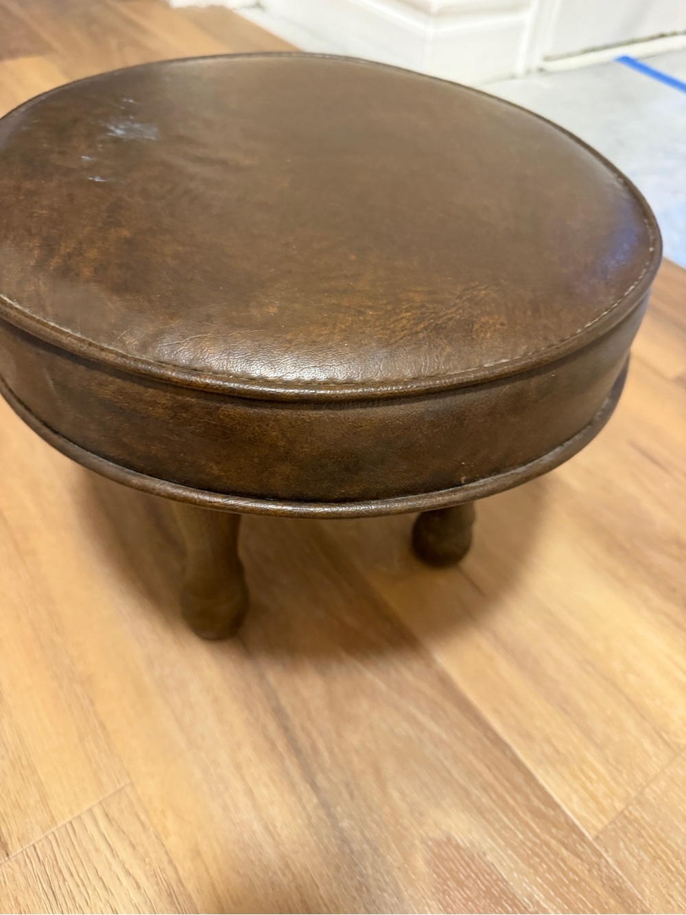 Vintage Round Brown Leather Footstool